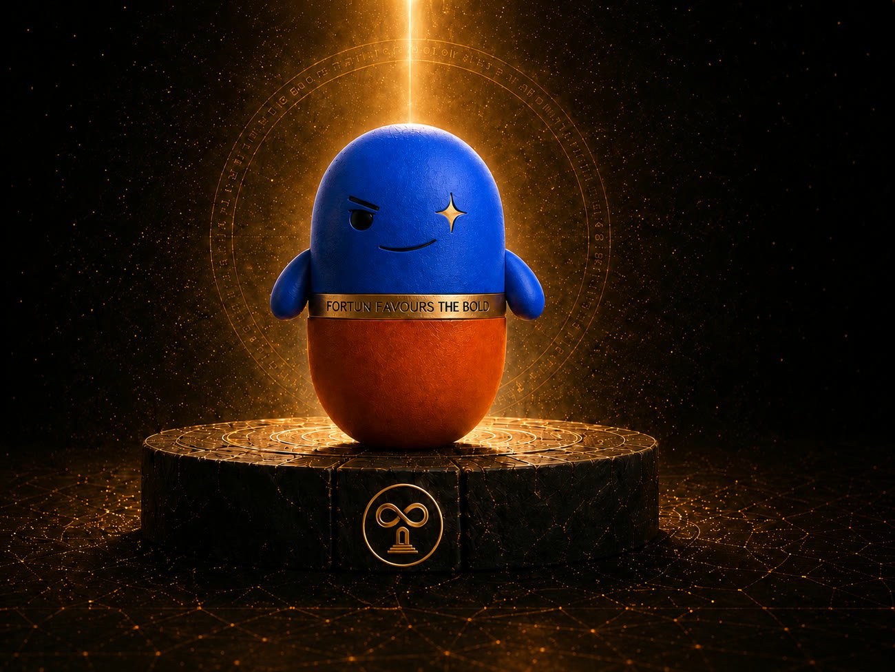 WISHU-ONE figurine on a rune pedestal beneath a beam of golden light