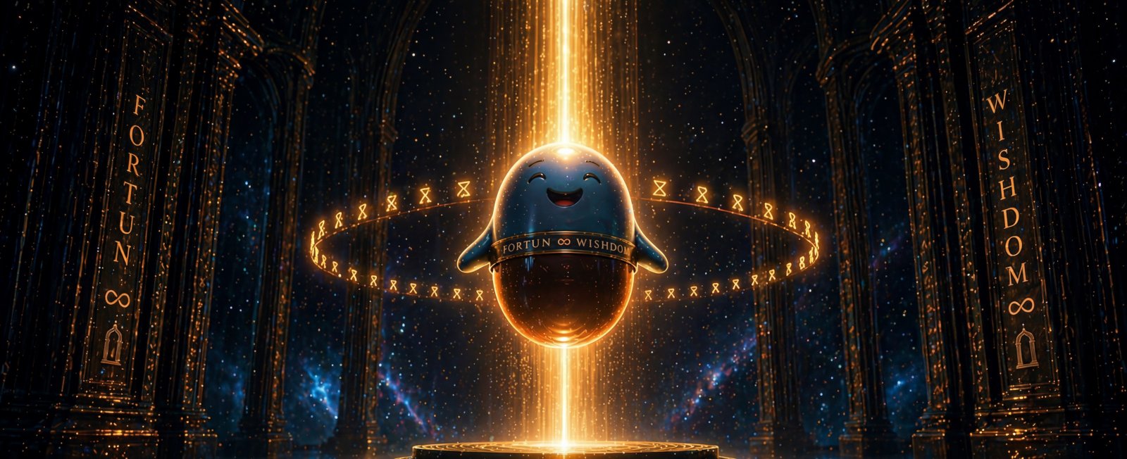 WISHU rising on a beam of light inside a cathedral, ringed by glowing runes
