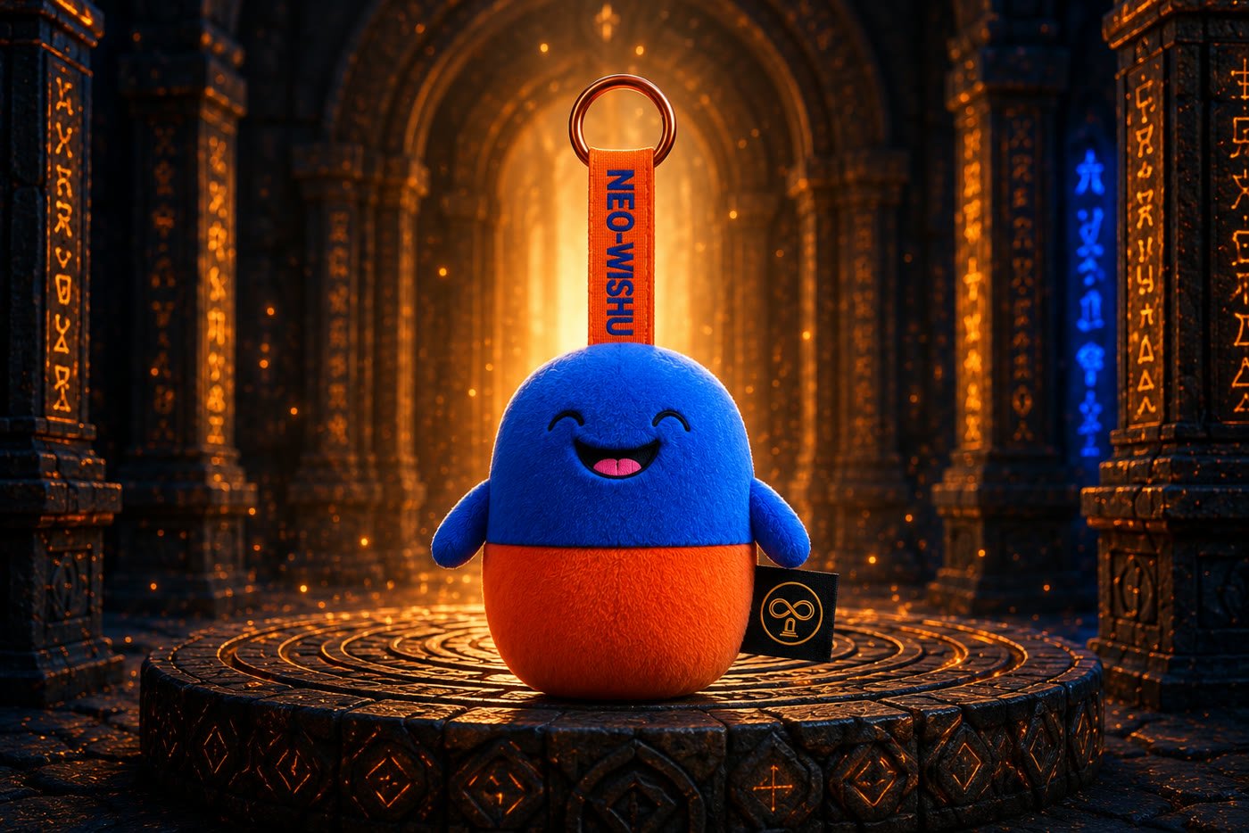 NEO-WISHU resting on a glowing runic pedestal inside an ancient rune temple