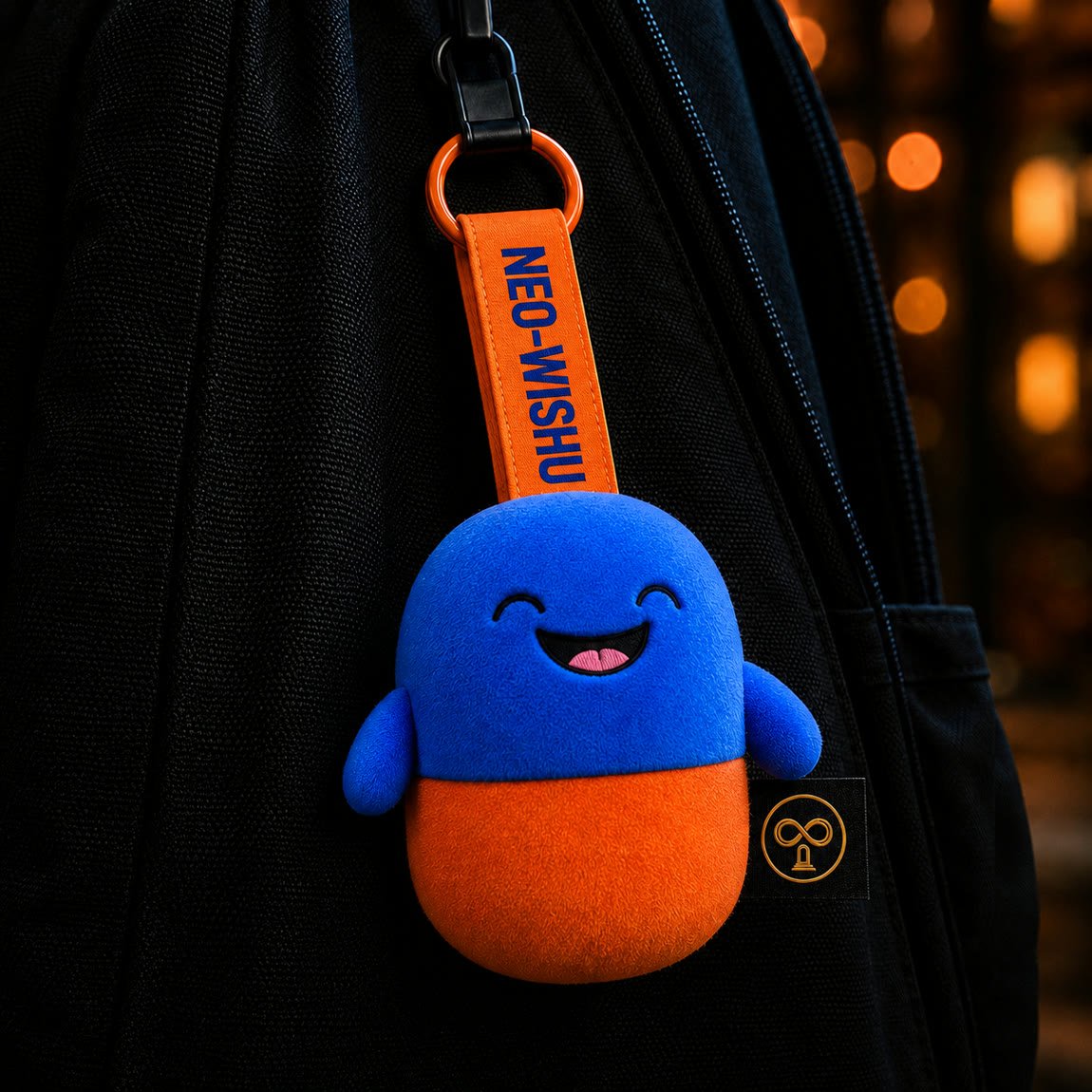 NEO-WISHU charm hanging from an everyday backpack