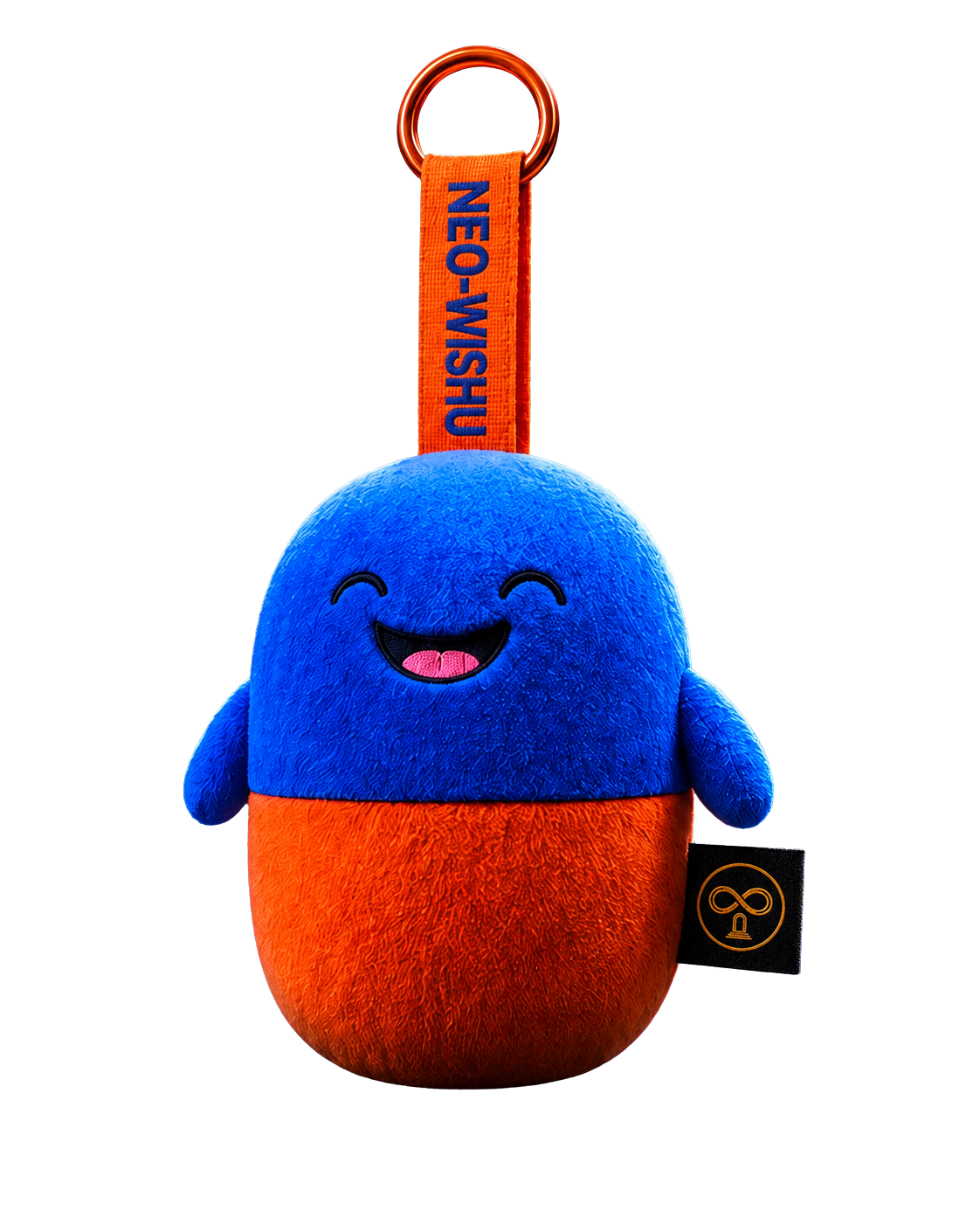 NEO-WISHU plush charm with an orange NEO-WISHU strap and gold ring